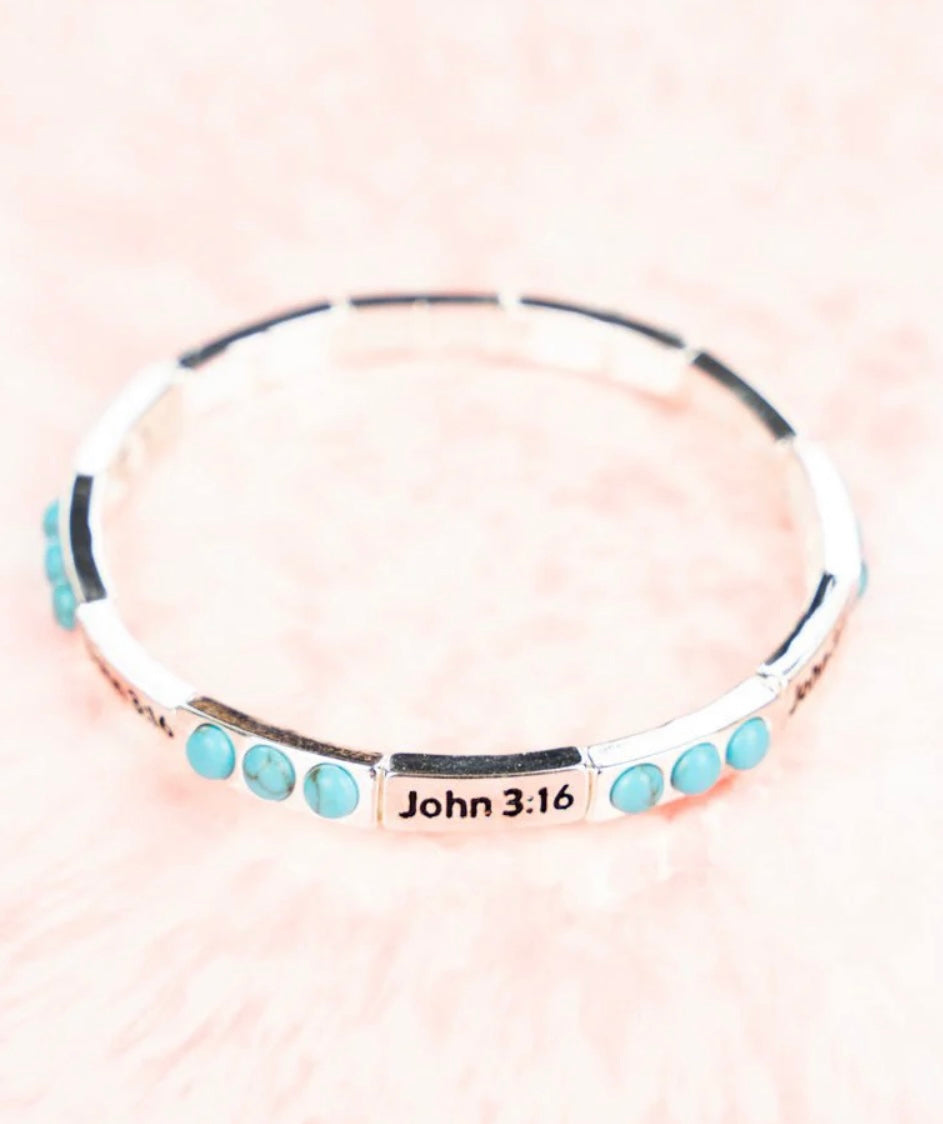 Turquoise Burnished Silvertone John 3:16 Stretch Bracelet