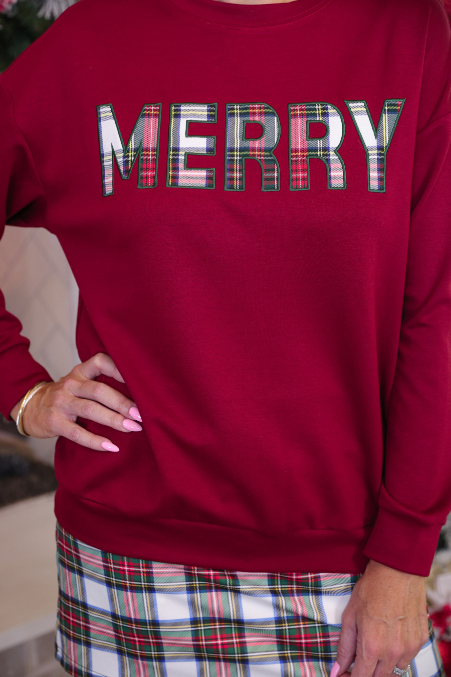PREORDER- Merry Plaid Patch Luxe Pullover