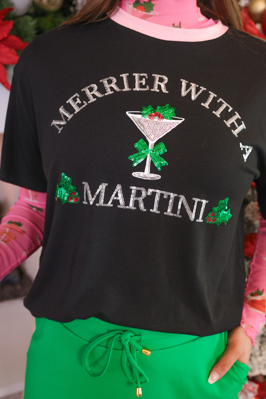 PREORDER- Merrier with a Martini Sequin Embroidered Tee