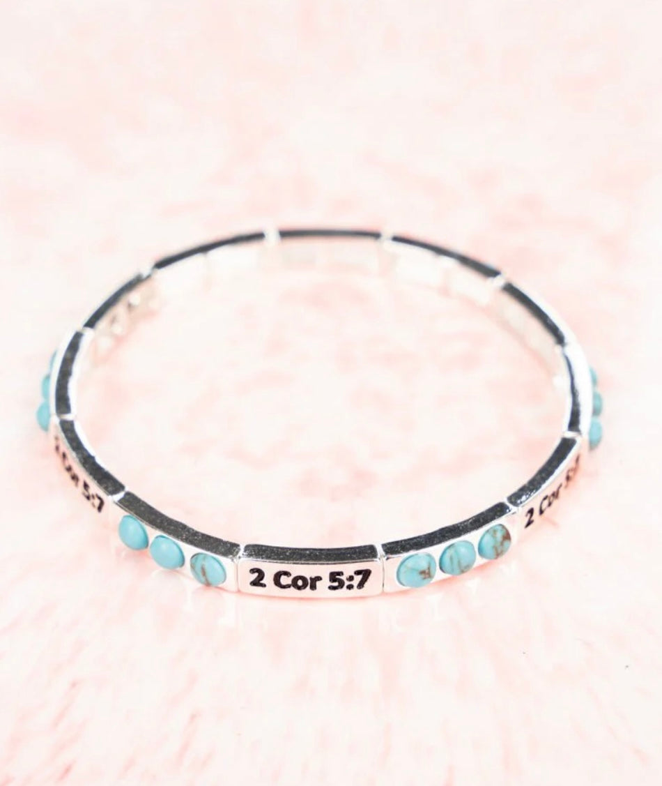 Turquoise Burnished Silvertone 2 Cor 5:7 Stretch Bracelet