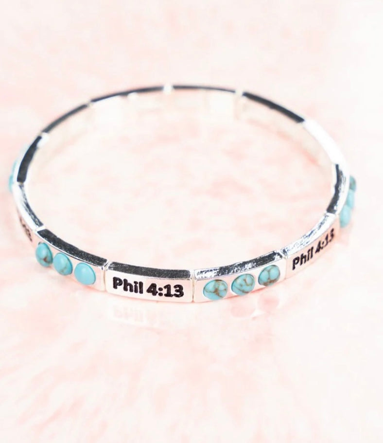 Turquoise Burnished Silvertone Phil 4:13 Stretch Bracelet