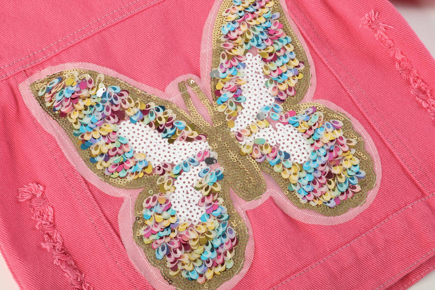 Ruffles - Pink Butterfly Sequin Denim Jacket