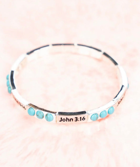 Turquoise Burnished Silvertone John 3:16 Stretch Bracelet