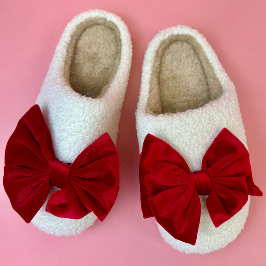 PREORDER- Cozy Bow Slippers- White/Red