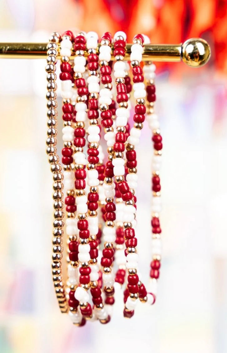 Red & White Team Seed Bead Bracelet Set