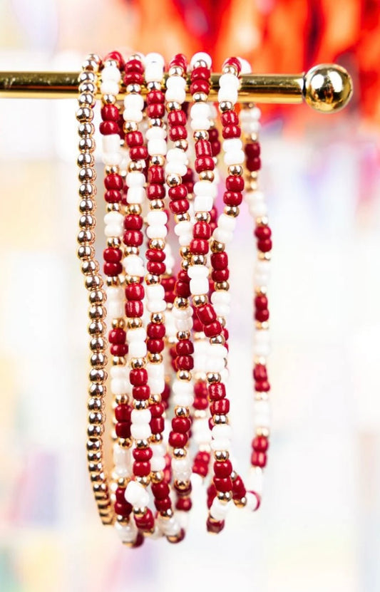 Red & White Team Seed Bead Bracelet Set
