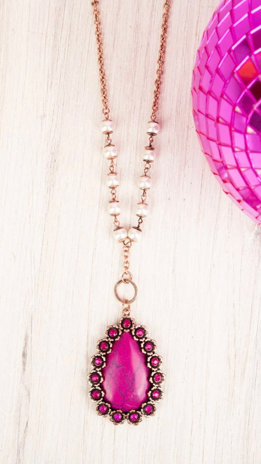 Crystal Trimmed Pink Stone Teardrop Pendant Necklace