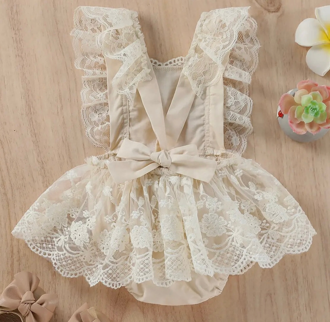 Baby Girls Summer Romper with Floral Lace Embroidery Skirt