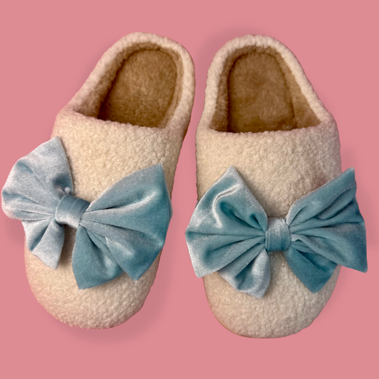 PREORDER- Cozy Bow Slippers- White/Aqua