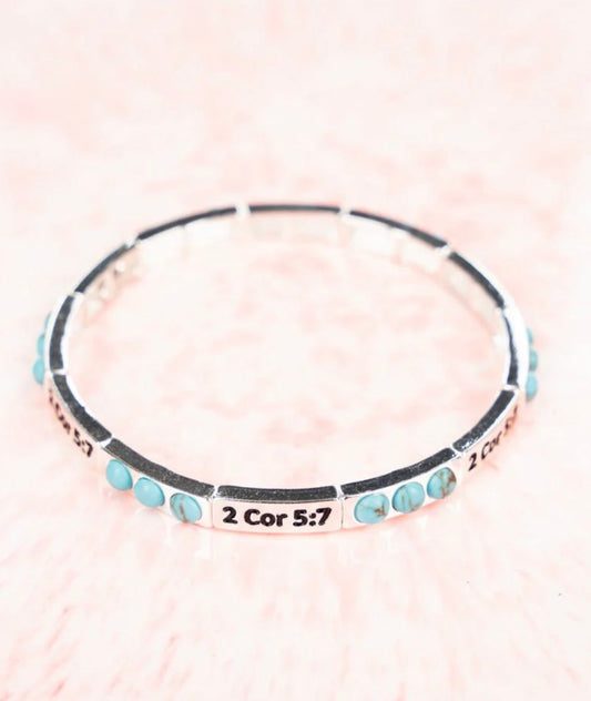 Turquoise Burnished Silvertone 2 Cor 5:7 Stretch Bracelet