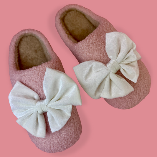 PREORDER- Cozy Bow Slippers- Pink/White