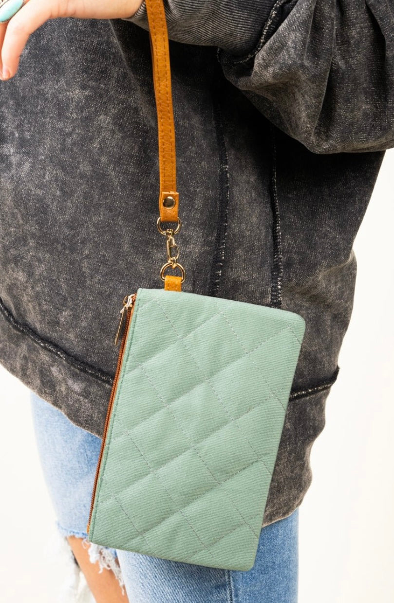 Sage Quilted Wristlet Pouch