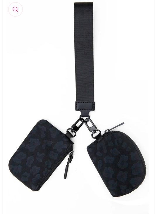 Double Pouch Wristlet- Black Leopard