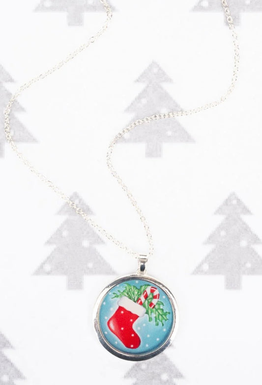 Candy Cane Stocking Silvertone Pendant Necklace