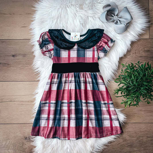 Christmas Plaid & Velvet Short Sleeve Dress