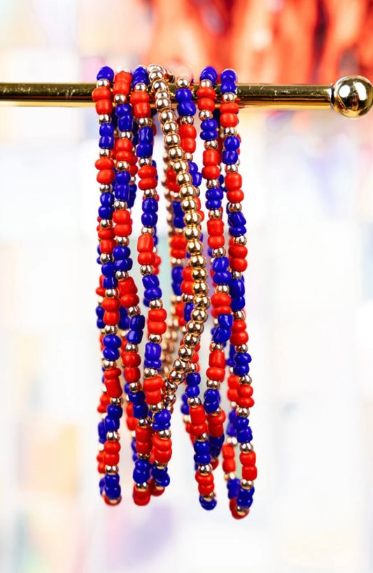 Blue & Red Team Seed Bead Bracelet Set