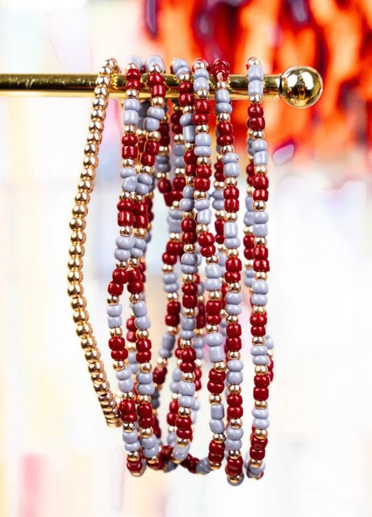 Wine & Gray Team Seed Bead Bracelet Set
