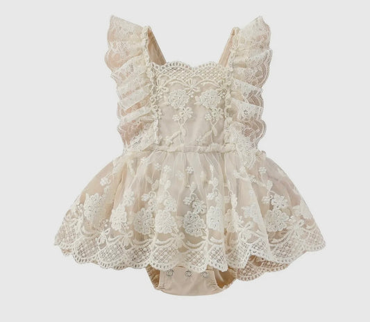 Baby Girls Summer Romper with Floral Lace Embroidery Skirt