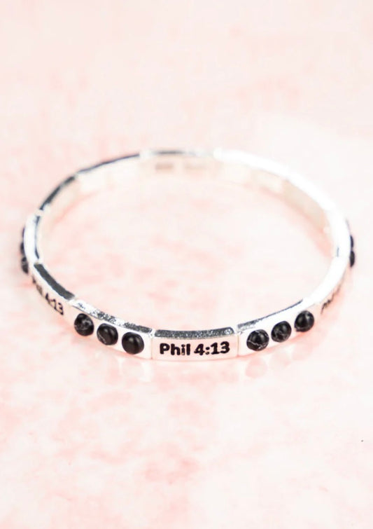 Black Burnished Silvertone Phil 4:13 Stretch Bracelet