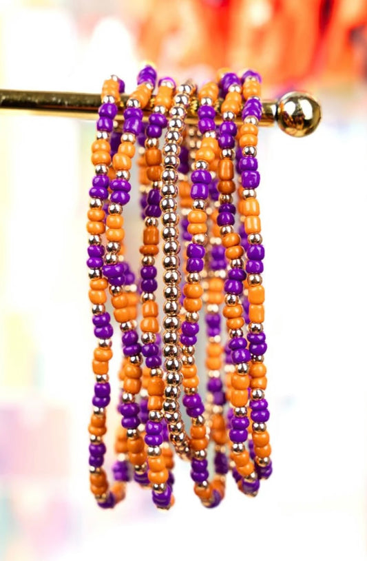 Purple & Orange Team Seed Bead Bracelet Set