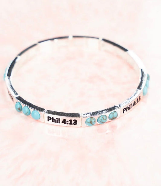 Turquoise Burnished Silvertone Phil 4:13 Stretch Bracelet