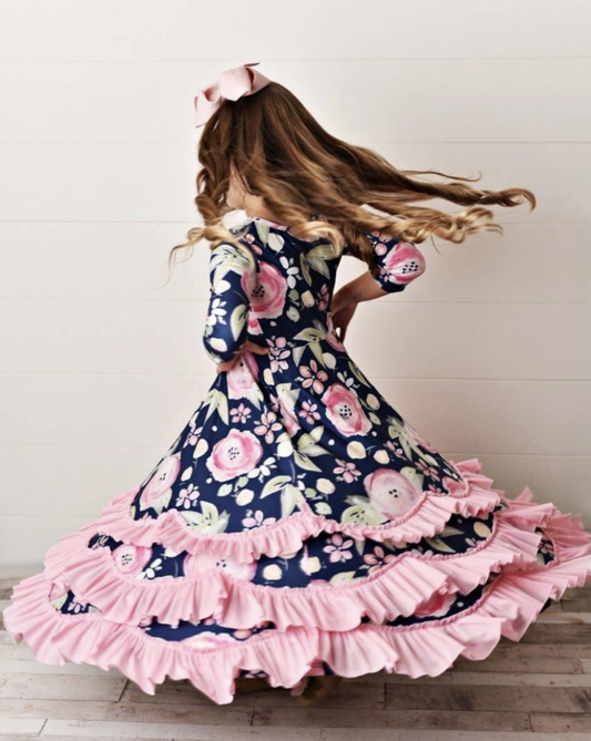 Navy/Pink Floral Twirl Dress