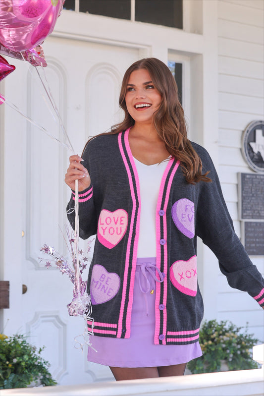 PREORDER- Chenille Patch Candy Hearts Relaxed Cardigan