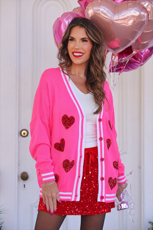 PREORDER- Sequin Patch Happy Hearts Relaxed Cardigan